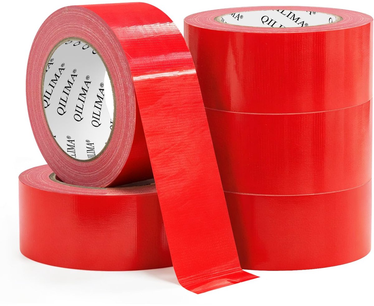 SnelShoppen - QILIMA Waterproof Duct Tape Rood 5 Rollen 48mm x 27m - Extra Sterk, Fabric Tape, Handafscheurbaar, Ideaal voor Klussen, Tuin, Camping en