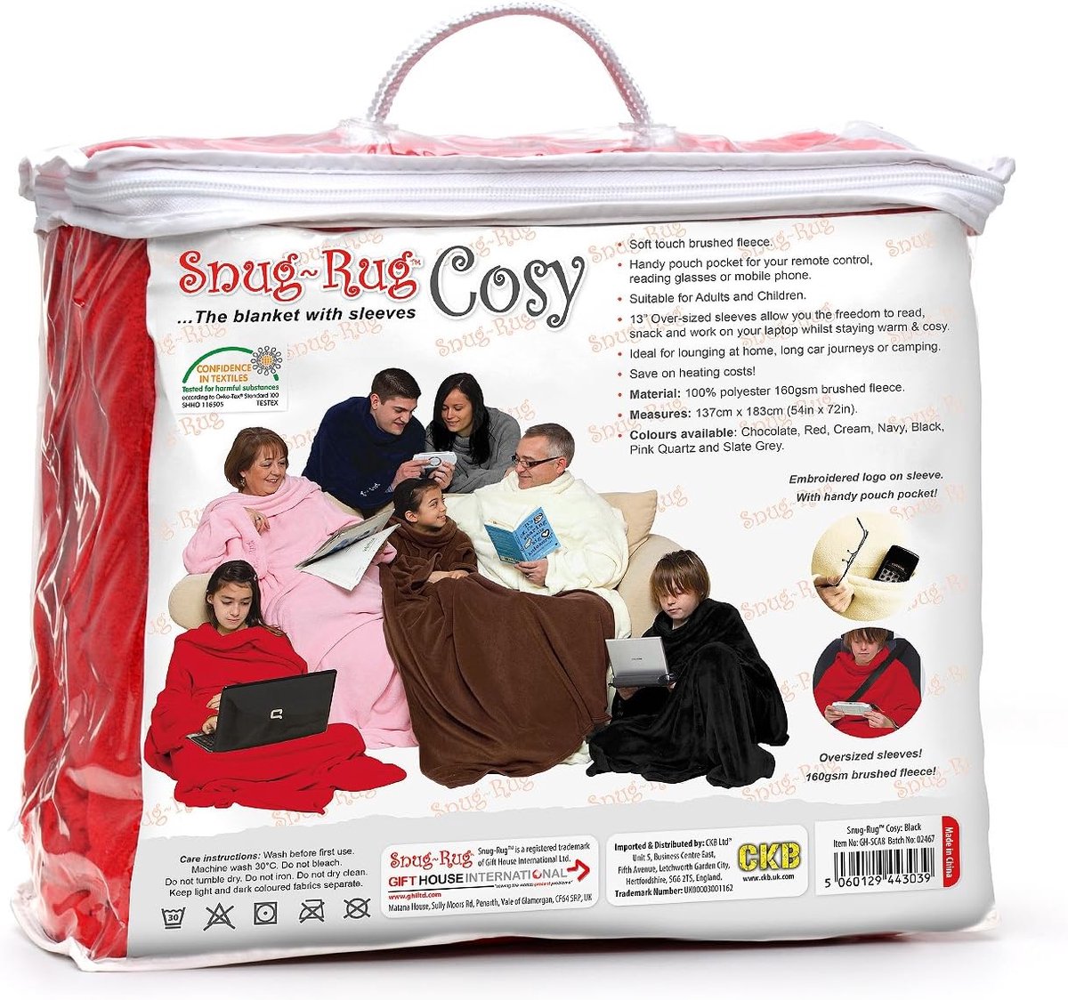 SnelShoppen - Snug Rug Cosy Fleece Dekentje met Mouwen en Telefoonvak - Rood - Warm, Lichtgewicht, Ideaal voor Thuis, Camping, of Feestjes