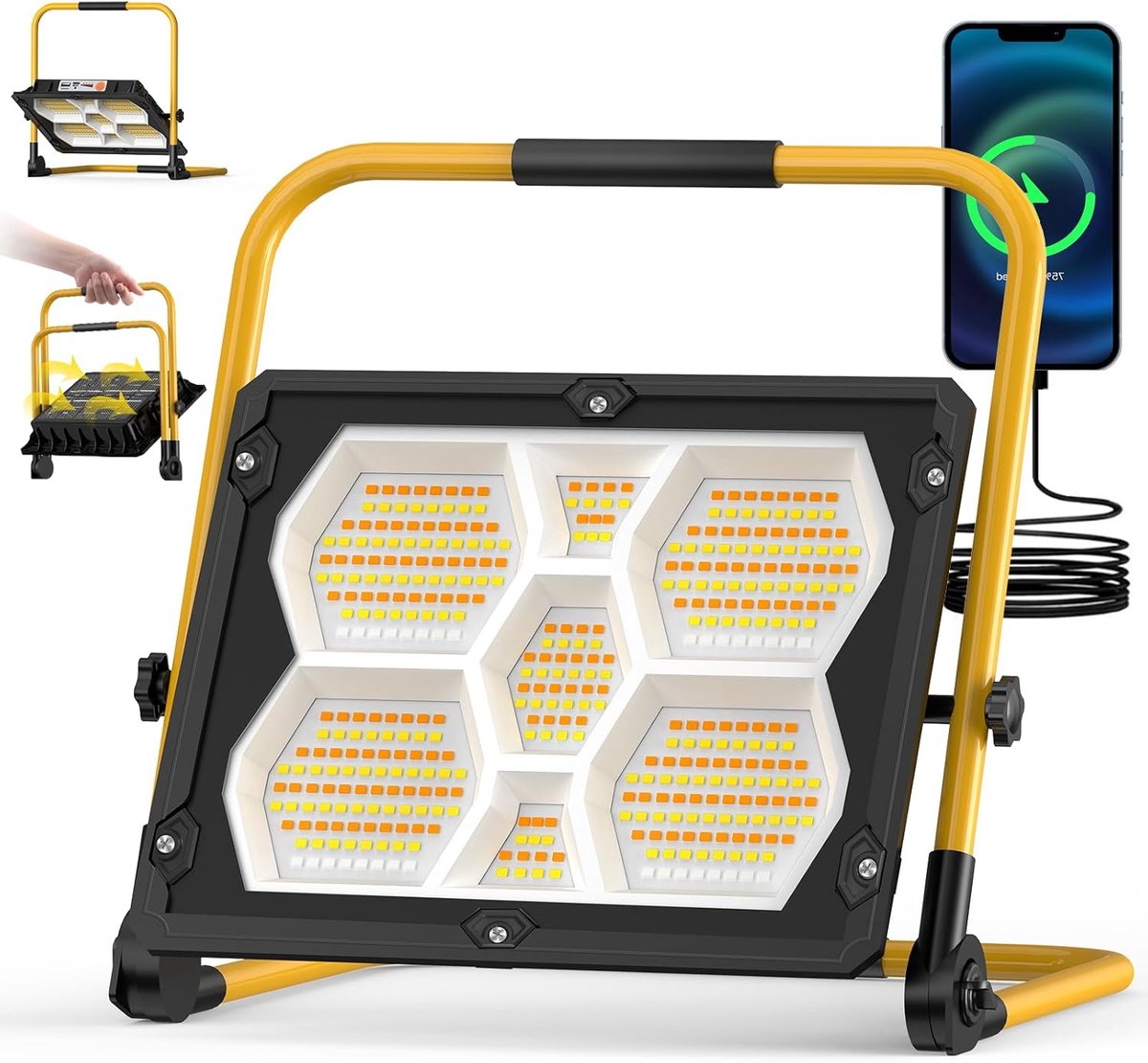 SnelShoppen - 150W Bouwlamp met Accu en Zonnepaneel, IP66 Waterproof, 10.000 Lumen, 4 Lichtmodi, Draagbare Campinglamp voor Bouw, Reparatie en Noodgeb