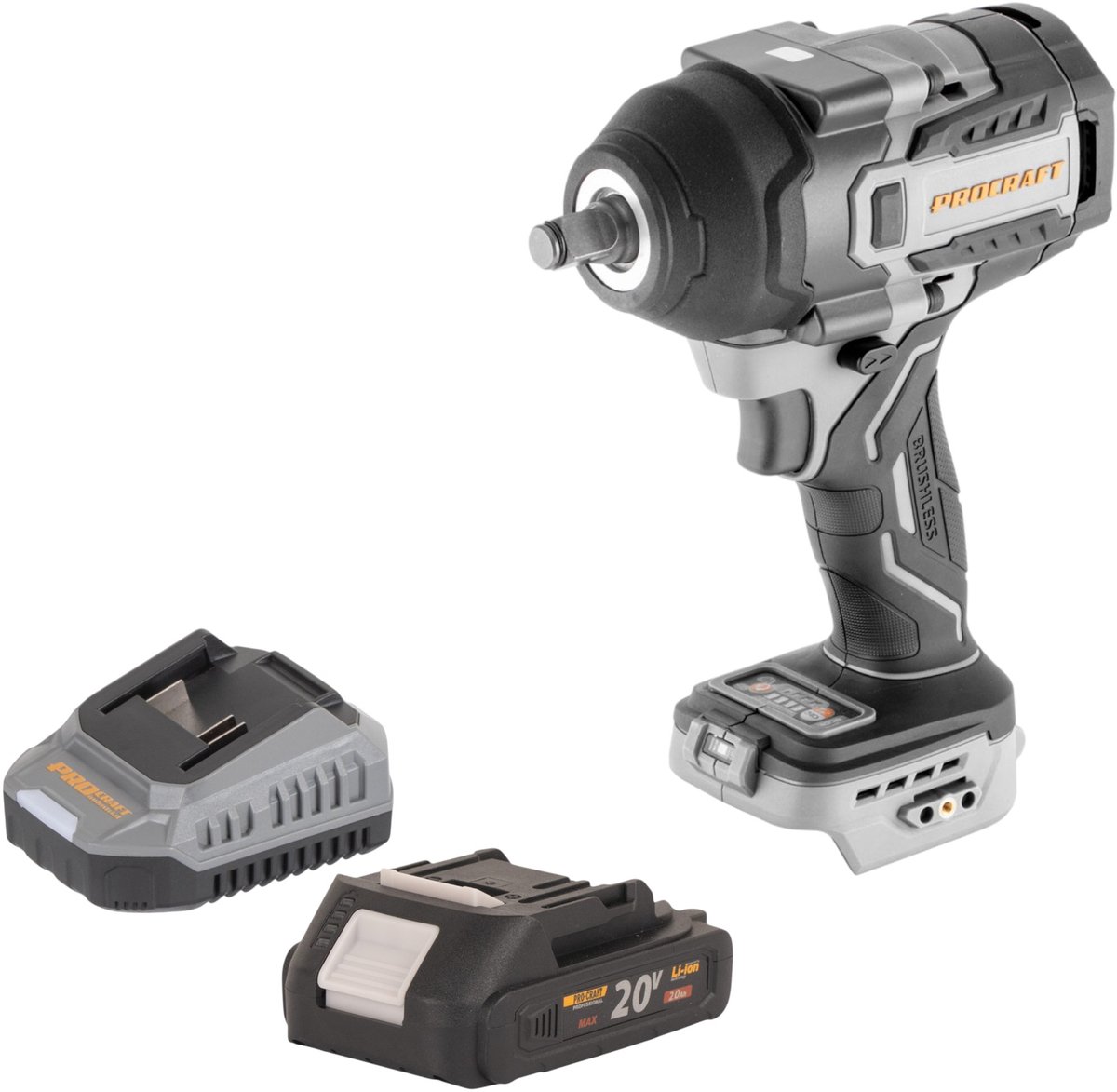 ProCraft Industrial IW850A-BB accu-slagmoersleutel 20 V 850 Nm 1/2" borstelloos + 1x accu 2,0 Ah + oplader