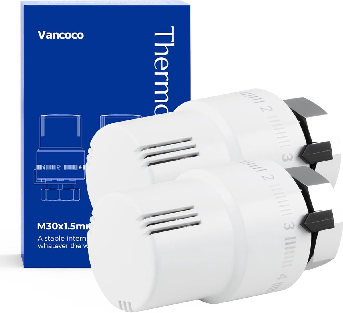 SnelShoppen - Thermostaatkop Radiatorventiel M30 x 1.5 mm, Wit, Vloeistof Sensor, Vorstbescherming, Set van 2