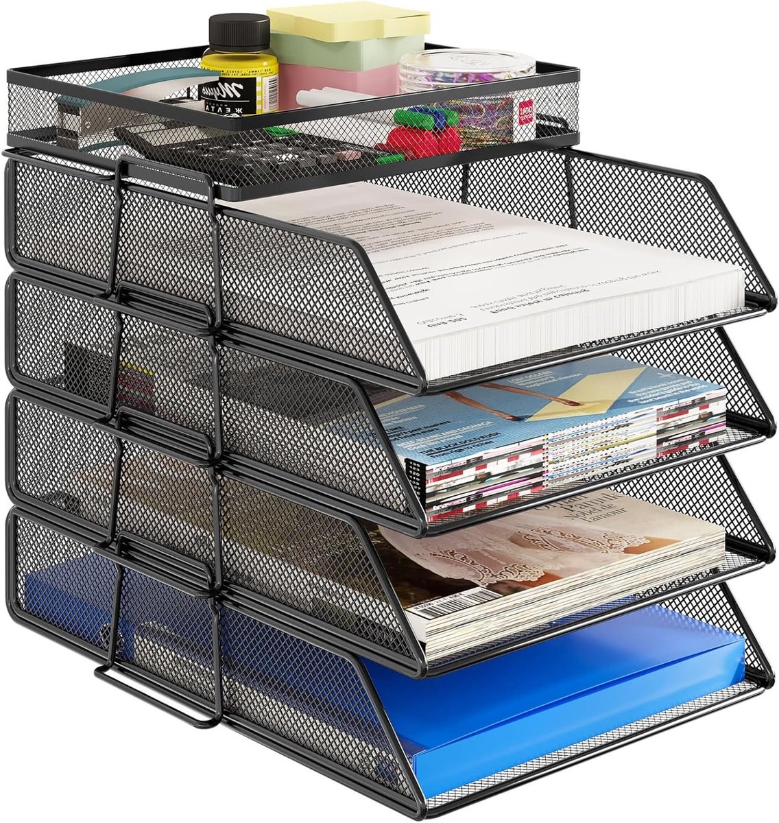 4 Laags Briefhouder, Desk Organizer, Stapelbare Papierladen voor Bureau, Tijdschriftenhouder, Zwart, Efficiëntie en Ruimtebesparing