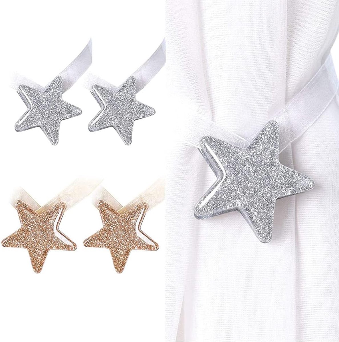SnelShoppen - Magnetische Gordijnhouders 4 Stuks - Decoratieve Sterren Clips - Hoogwaardige ABS en Touw - 33 cm - Voor Thuis, Kantoor en Feestdecorati