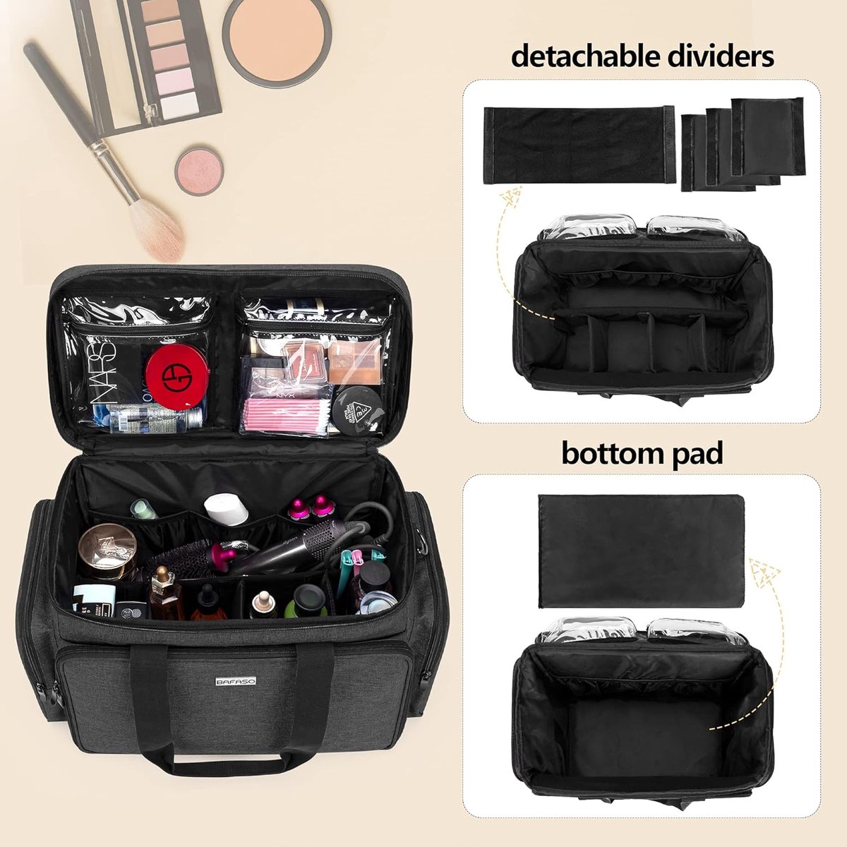 SnelShoppen - Grote Makeup Tas Cosmetica Bagage met Verstelbare Scheidingswanden, Reis Makeup Koffer voor Cosmetica, Zwart, 37x21.5x28.5cm