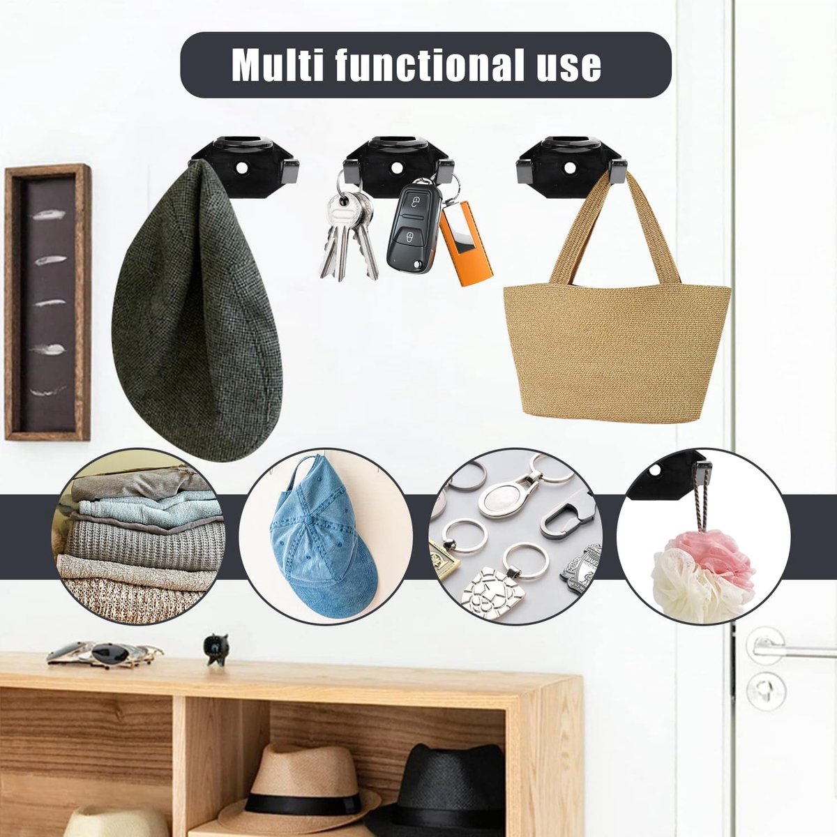 SnelShoppen - 8x Zelfklevende Hoedhouders - Dubbele Haak Design - Zwarte Hoedhaken voor Caps, Petten en Accessoires - Perfecte Opslagoplossing voor Th