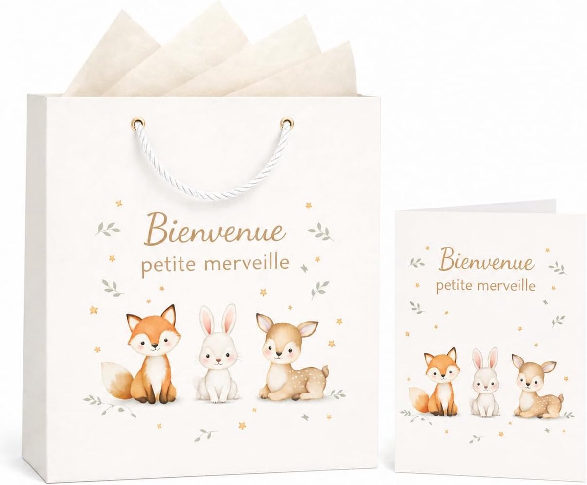 SnelShoppen - Babycadeau voor Meisjes en Jongensset - Geschenkverpakking met Bosdieren - Papieren Zak 26x22x10 cm - Inclusief Wenskaart en Zijdepapier