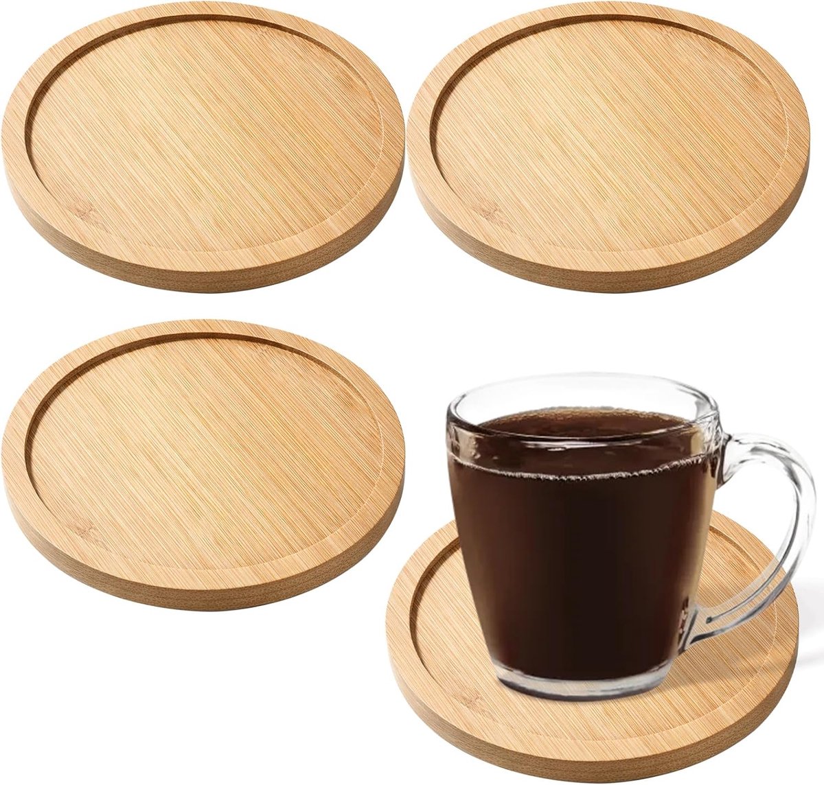 SnelShoppen - 4 Stuks Houten Kaarsenhouders Rond 10 cm - Bamboo Kaarsen Onderzetters - Duurzaam en Natuurlijke Hout - Perfect voor Pillar Kaarsen, Doo