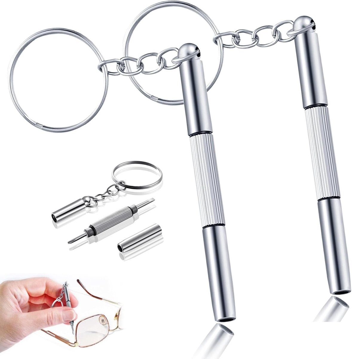 Mini Schroevendraaier Set 3 in 1 met Sleutelhanger, Ideaal voor Zonnebrillen, Sieraden en Horloge Reparaties, Draagbaar en Van RVS