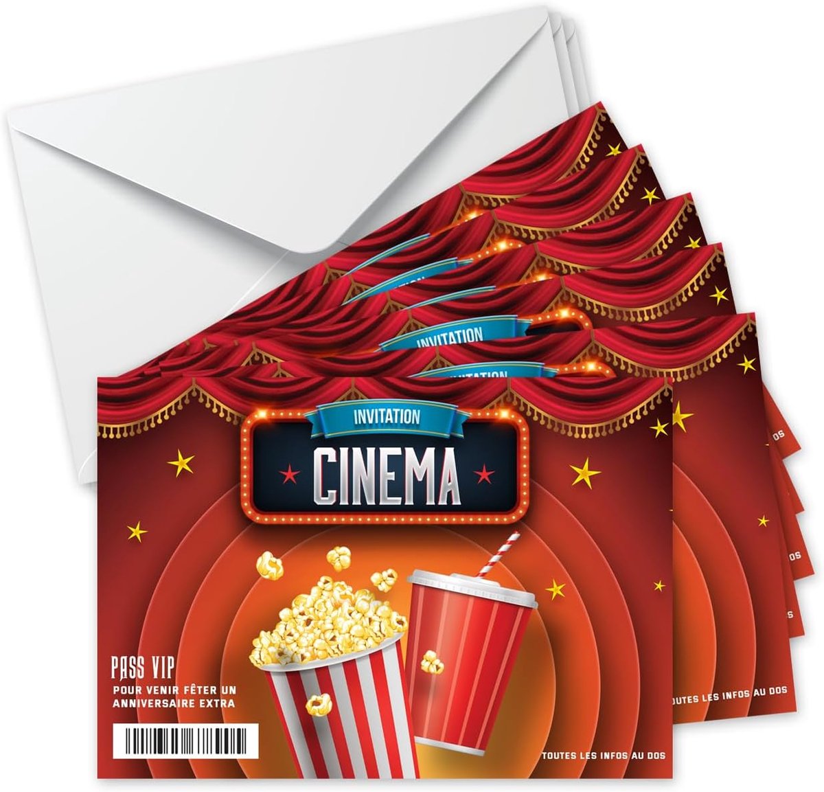 SnelShoppen - 10 Franse Verjaardagsuitnodigingen + 10 Enveloppen | Cinema Thema | Kinderfeest | Postkaartformaat | Hard Karton | 10 Stickers