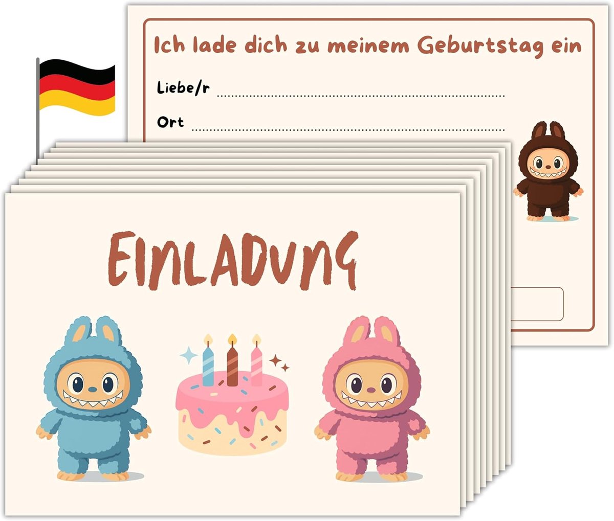 SnelShoppen - 10 Kawaii Uitnodigingskaarten A6 Beige - Kleurrijke Kinderverjaardag Kaarten met Enveloppen - Leuk Ontwerp voor Jongens en Meisjes - Per