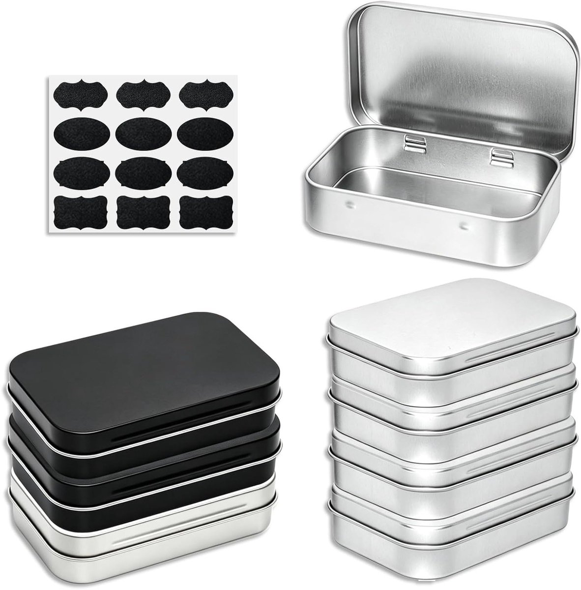 Kleine rechthoekige metalen blikjes, 8 stuks, draagbare dozen voor snoep, pillen en kleinigheden (4 zilver + 4 zwart)