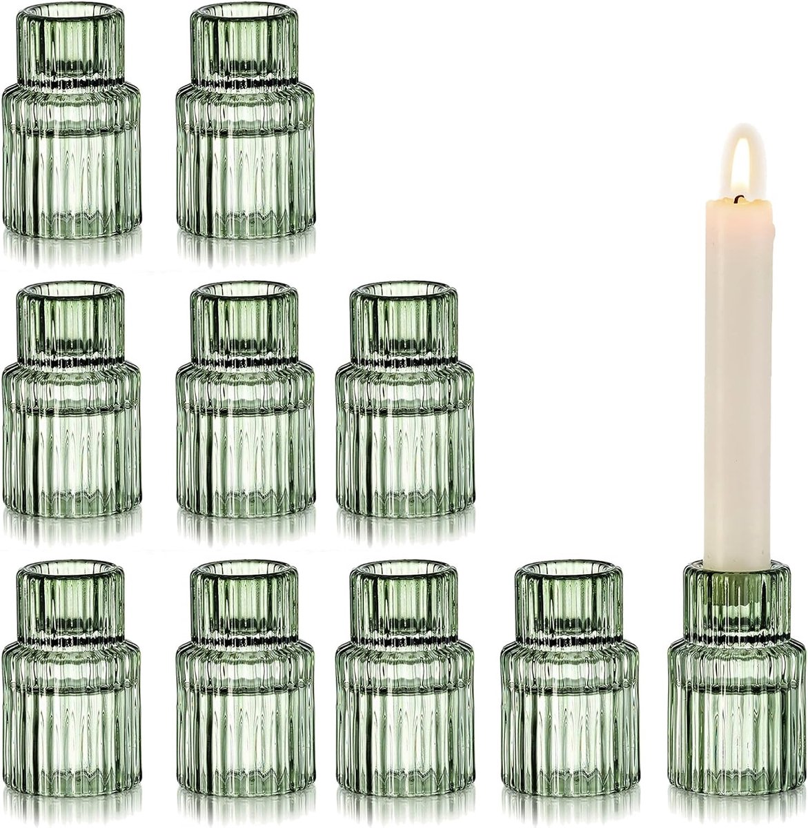 Thijox - Glazen Kandelaar Houders Set van 10 - Geribbelde Kaarshouders voor Taper Kaarzen - Groene Decoratie voor Bruiloft, Feest en Woonkamer