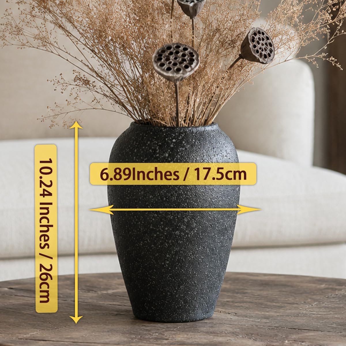SnelShoppen - Vintage Zwarte Rustic Keramische Vaasje 28.2cm Terracotta Hoog Onder Farmhouse Decoratie voor Minimalisme Woonkamer Slaapkamer