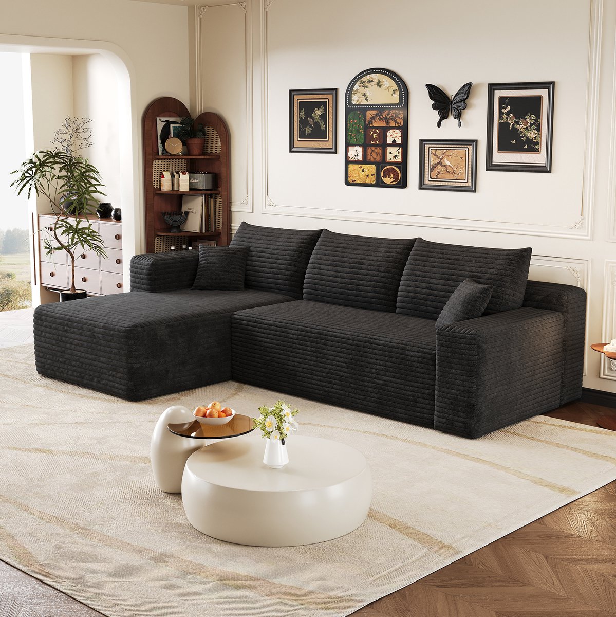 HAUSS SPOLE Hoekbank - L Vormige Bank Met Chaise Longue - Zonder Montage En Diepe Zit - Voor Woonkamer En Appartement - Ribfluweel Zwart