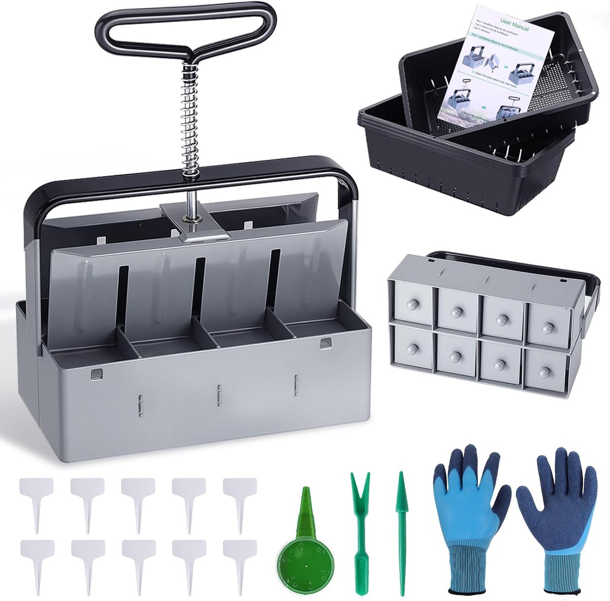 SnelShoppen - Manual Earth Ball Press, 2 Inch Soil Blocker Maker met Seeding Tool Set voor zaailingen, 8-delige tuinset, inclusief handschoenen en pla