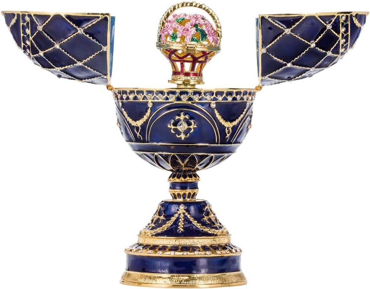 SnelShoppen - Fabergé-stijl Muziekdoos Eieren met Bloemen Mand - Sieraden Doos van Legering, Emaille en Kristallen - 17 cm Blauw - Ideaal voor Feestje