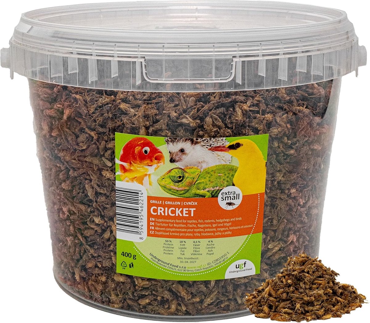 SnelShoppen - Gedroogde Kleine Grill Insecten 3 Liter Emmer (400g), Voer voor Vogels, Schildpadden, Egels, Hagedissen en Vissen, 59% Eiwit, Duurzaam,