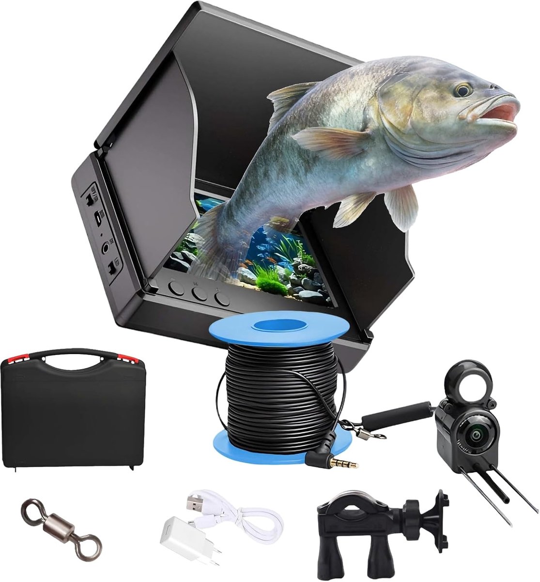 SnelShoppen - Draagbare Fish Finder met IPS Scherm, IP67 Onderwatercamera, 4.3 Inch HD Scherm en 30m Kabel voor Zee, Rivier en IJs Vissen