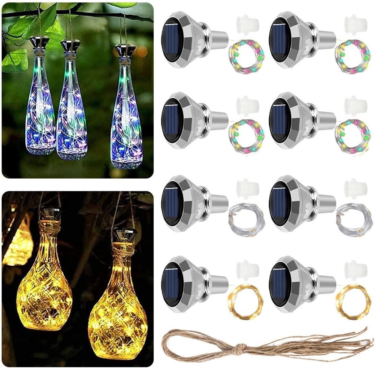SnelShoppen - 8 Stuks Lichtsnoeren op Zonne-energie, Lichtstop voor Flessen, 2m, 20 LEDs, Diamantvormige Dop, Decoratie voor Wijnflessen, Feest, Tuin,
