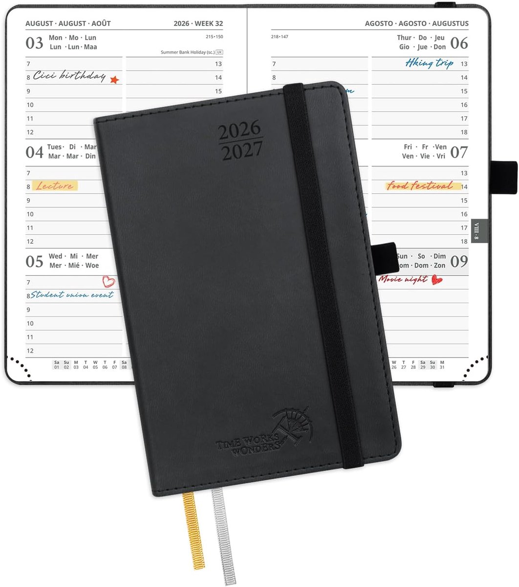 SnelShoppen - Pocket Agenda 2026 2027 - 17 Maanden Weekly Planner 16x10.5 cm - Soft PU Leer, Zwart, Met Binnenzak, 80 GSM Papier, Perfect Voor Student