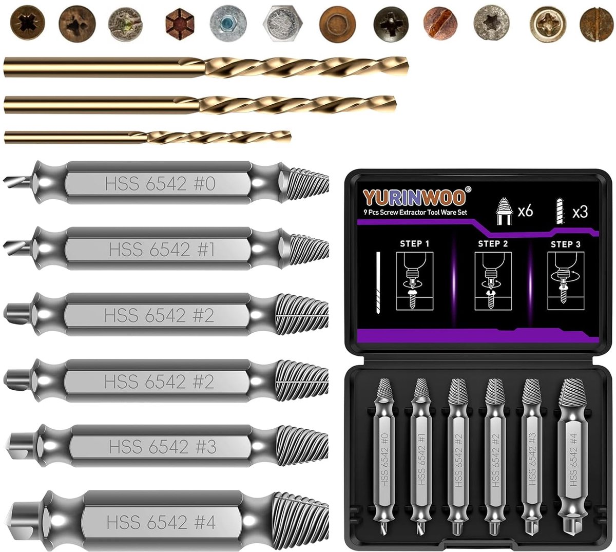 SnelShoppen - 9PCS Schroef Extractor Set voor Beschadigde Schroeven - HSS 6542 - Duurzaam en Sterk - Ideaal voor Verbouwing en Reparation - Schroevend
