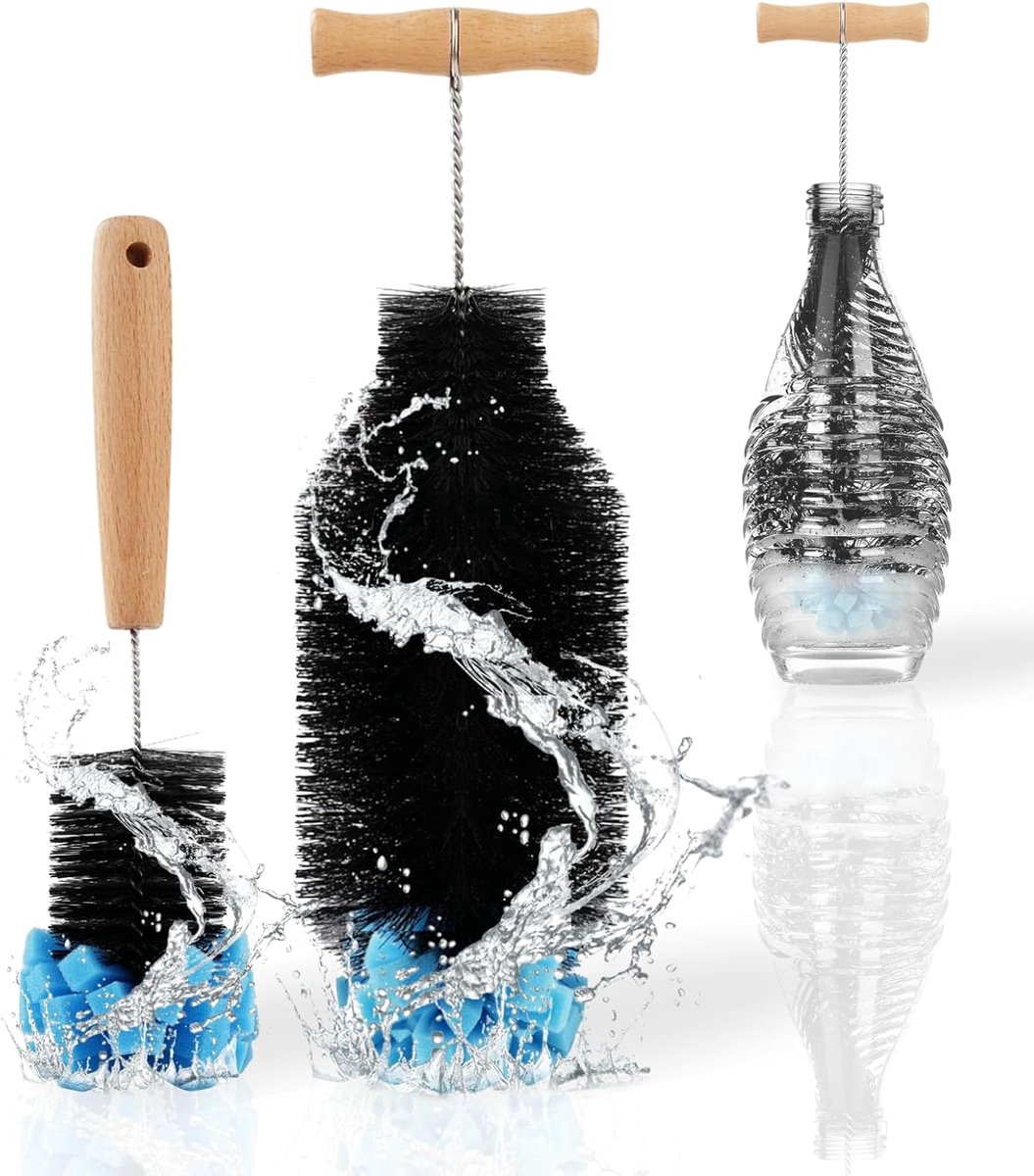 SnelShoppen - Flessenborstelset voor SodaStream Glazen Flessen - 2-delige Reinigingsborstels met Harde Nylon Borstelharen en Spons - 32 cm en 28 cm -