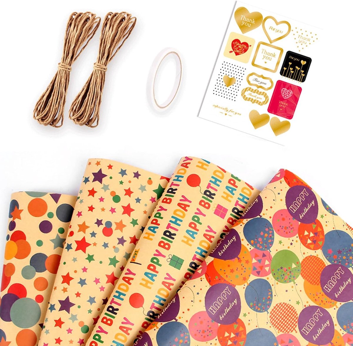 SnelShoppen - Set van 4 Cadeaupapier voor Verjaardagen, Kleurrijke Motieven, Henneptouw, Plakband en Stickers, Ideaal voor Kerstcadeaus en Feestdecora