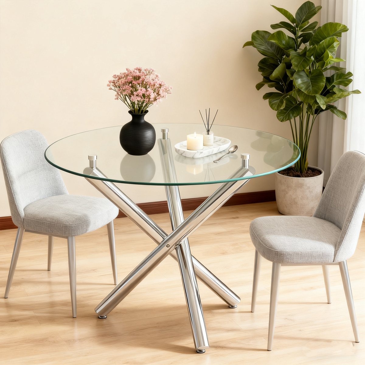 MODENUIT Eettafel - Ronde Tafel Van Gehard Glas En Metalen X-Poot - Modern Voor 2 Tot 4 Personen - Zilver - 80 Cm