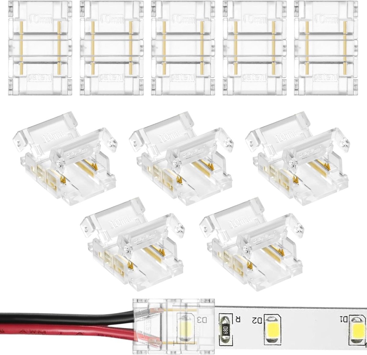 SnelShoppen - LED Strip Connector 10mm 2 Pin - 10 Stuks Soldervrije LED Strip Verbinders - Transparante Middenconnectoren voor RGB Strips - Eenvoudig
