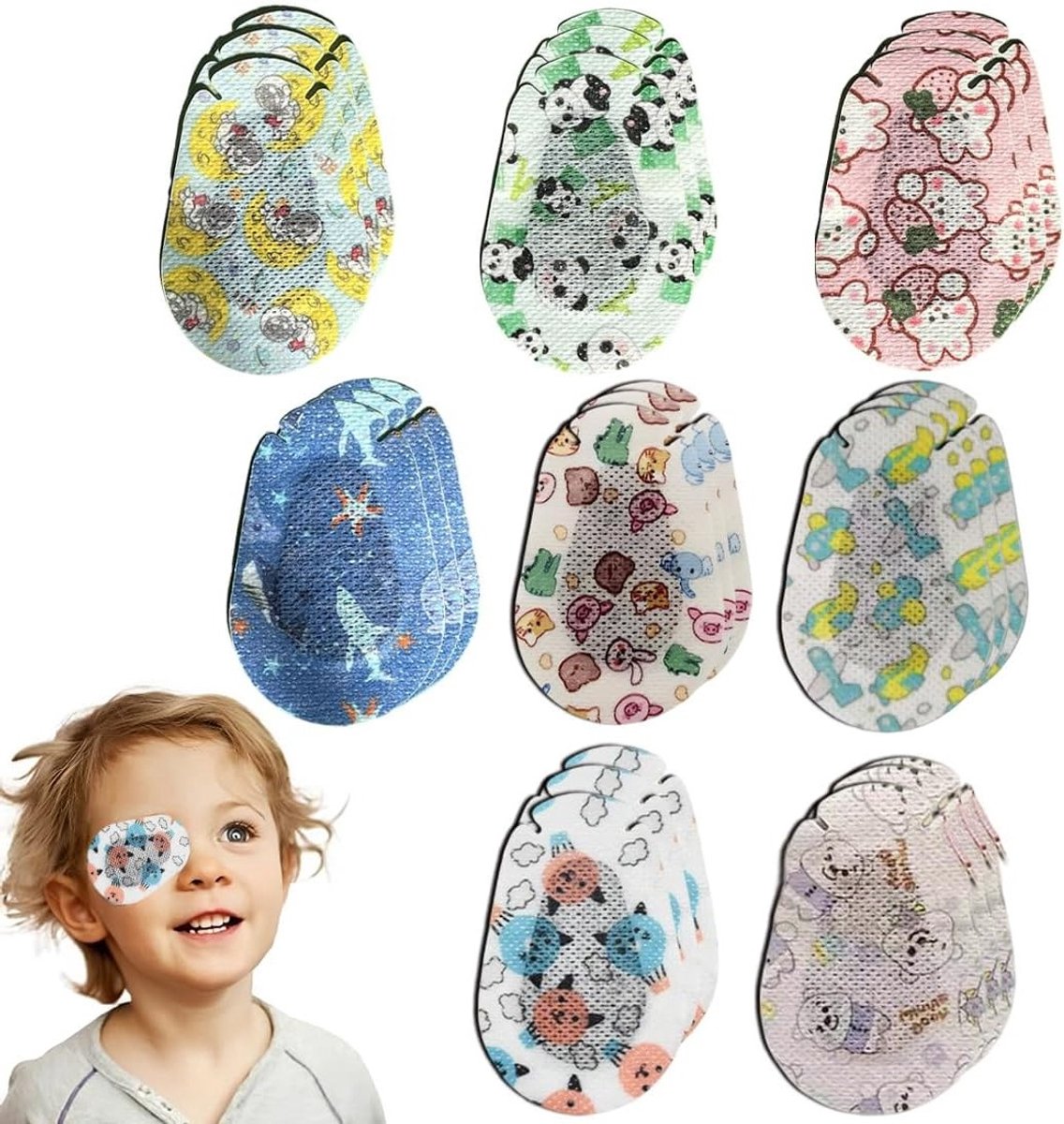 Oogpatches voor kinderen, 24 stuks, zelfklevende katoenen oogpatches in 8 stijlen, ideaal voor lichtblokkering en oogtraining (7,5 x 5 cm)