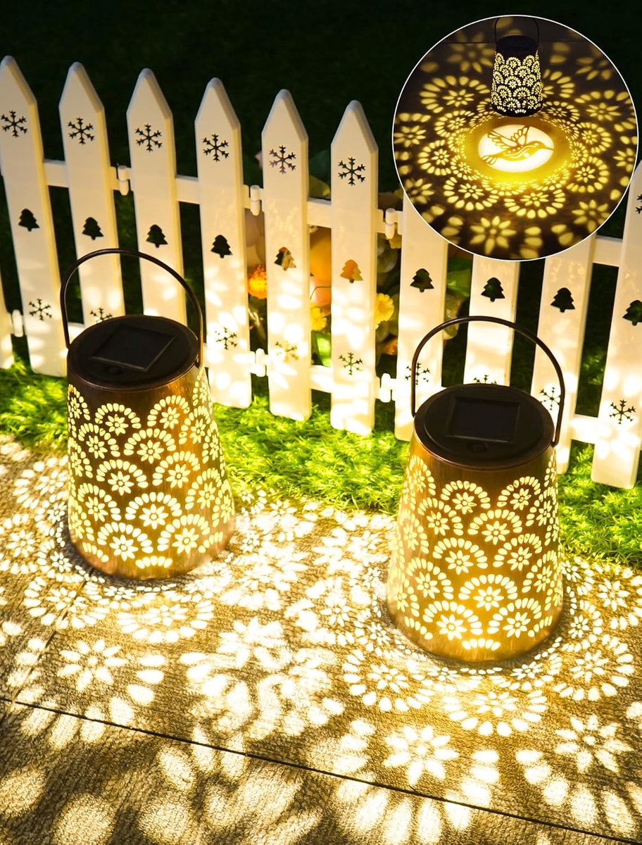 SnelShoppen - 2 Stuks OUILA Buiten Solar Lichten - Weerbestendige Metalen Tuinlampen met IP65 Bescherming - Decoratieve Hanglampen voor Balkon, Patio,