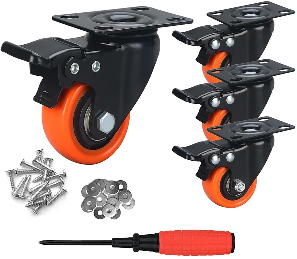 SnelShoppen - Heavy Duty Zwenkwielen met 4 Remmen + Schroeven - 38mm tot 150kg - 4 Stuks Stille Gietwielen voor Meubels - Rubber Trolley Wielen - Oran