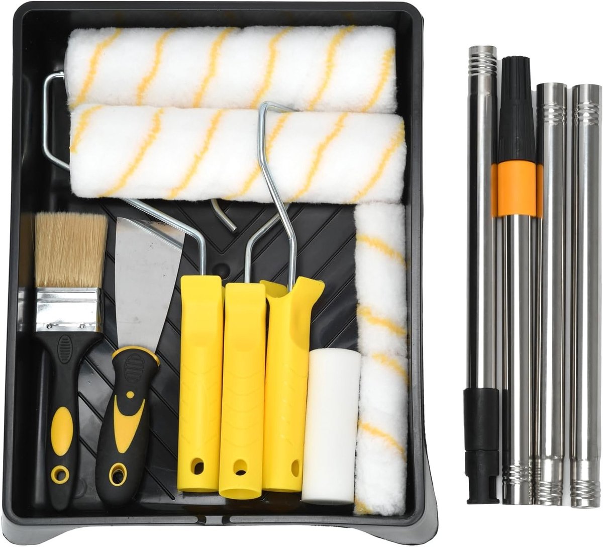 Complete Verfroller Set met 13 Onderdelen, Microvezel Rollers van 23 cm en 10 cm, Verftray, Kwast, Trekker en Uitschuifbare Stang tot 1,2 m voor Muren, Plafonds en Meubels, Streepvrij Resultaat met Latex Verf