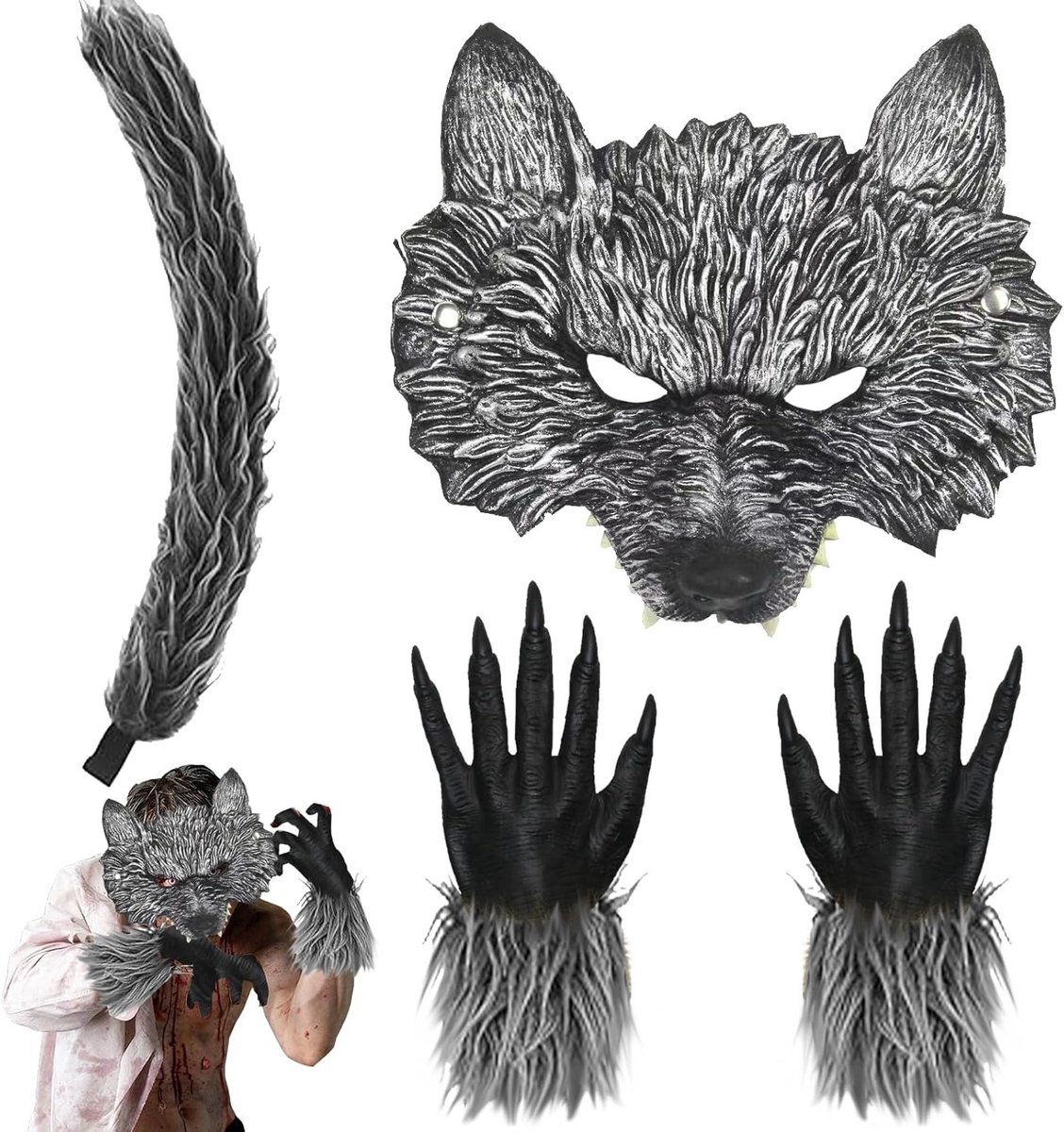 Complete Set van 4 Weerwolfmaskers met Handschoenen en Wolventail voor Halloween en Carnavalskleding voor Volwassenen en Kinderen