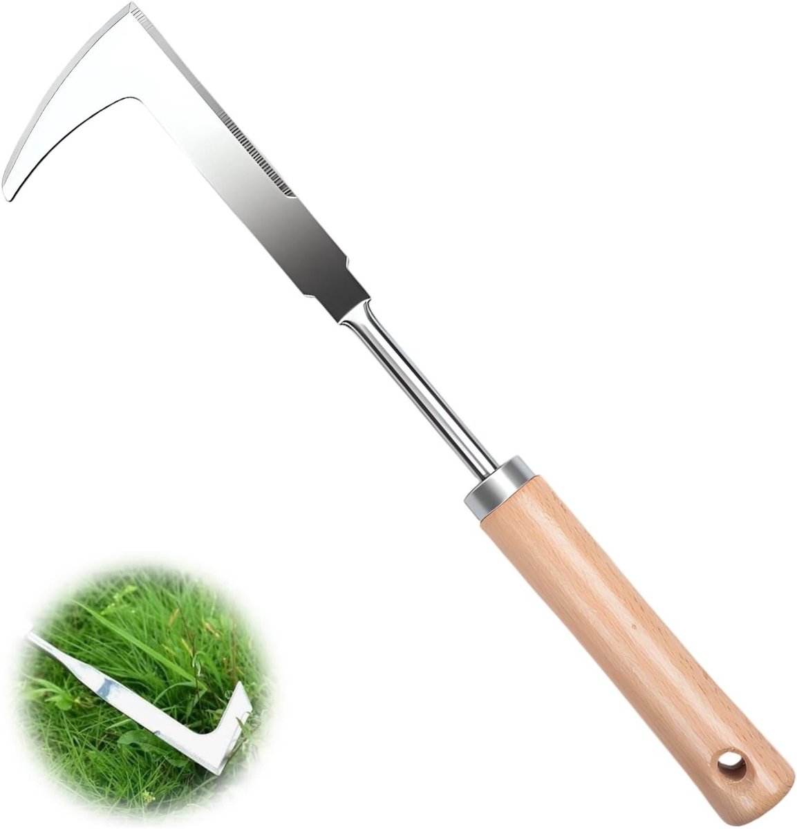 Weed Cutter met Houten Handvat, 31 cm RVS Mes voor Tuinieren, Onkruidverwijderaar en Mosbestrijding
