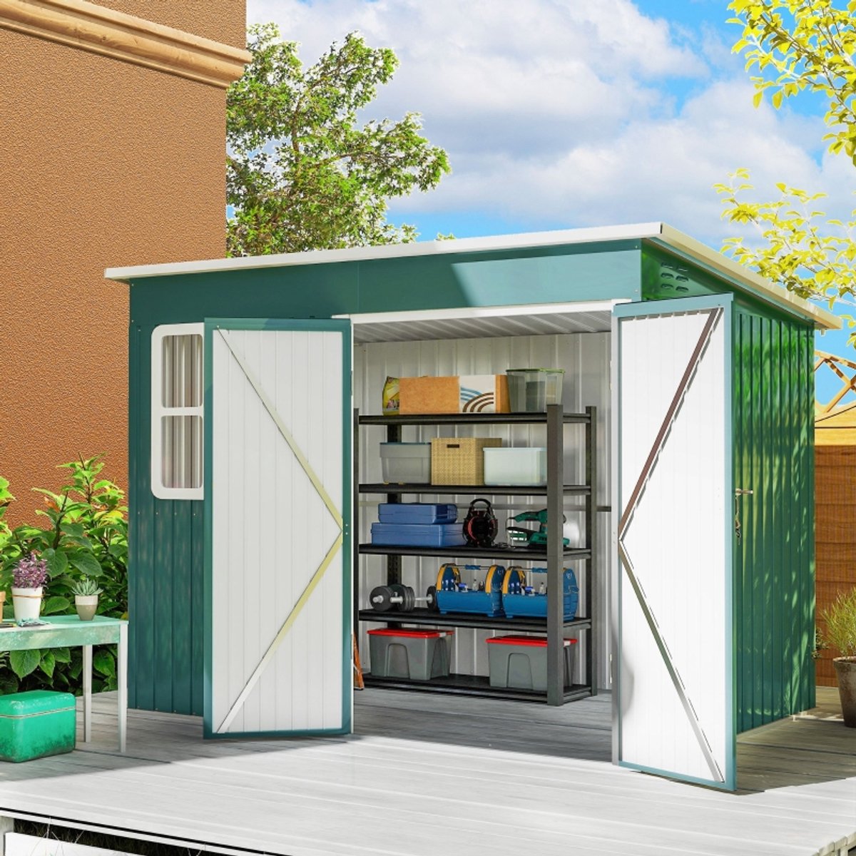 Wishdor Gereedschapsschuur - Met raam en ventilatieopeningen - Brede dubbele deur met grendel en slot - Verzinkt staal - Groen - 260 x 177 x 190 cm