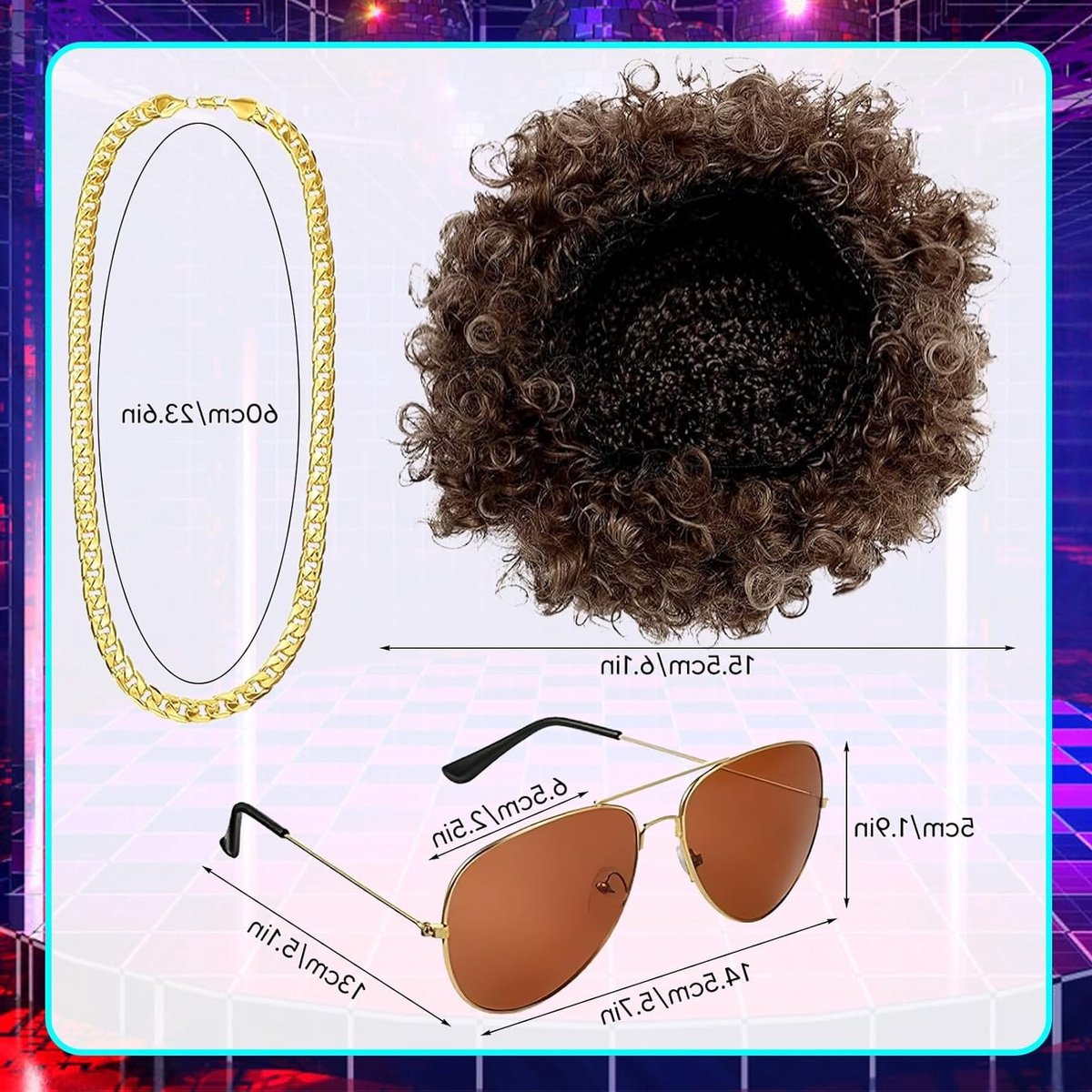 Drie-delige Gouden Ketting, Zonnebril en Bruine Afro Perücke voor Carnaval en 70s Hippie Kostuum Accessoires