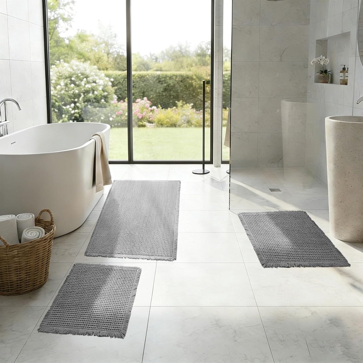 SnelShoppen - Badkamertapijtenset 3-delig, Antislip Badmatten, Wasbaar Boho Tapijt met Kwastjes, 1x 50x121 cm, 2x 43x61 cm, Grijs voor Badkamer en Sla