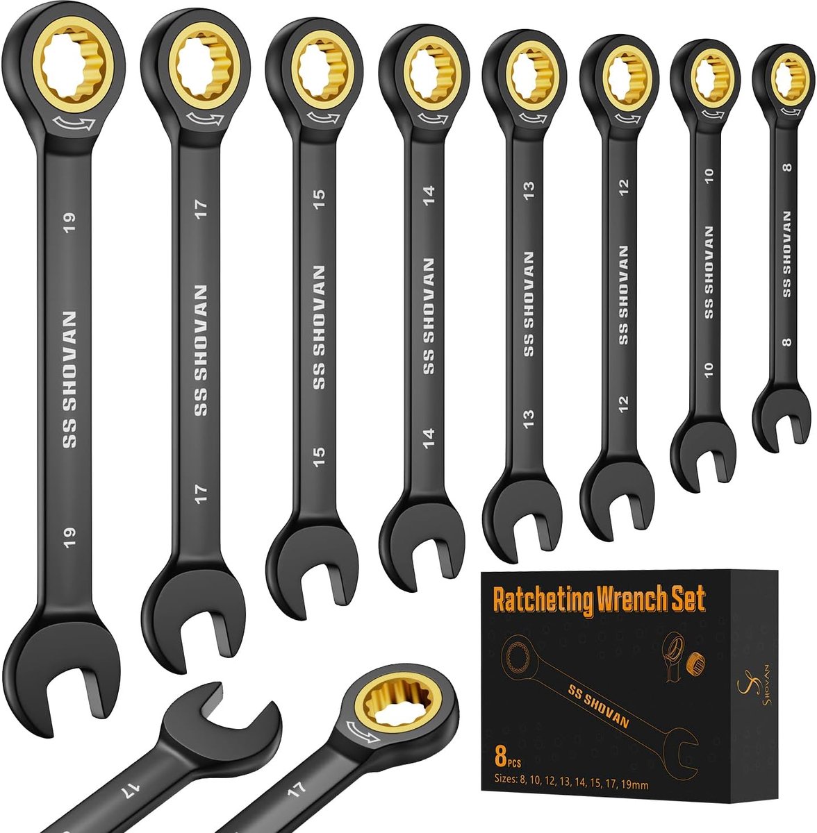 SnelShoppen - 8-delige Ratchet Wrench Set 8-19mm, combinatie moersleutelset met 72 Tands Ratchet Gear, Chrome Vanadium Staal met Opbergbak, Profession