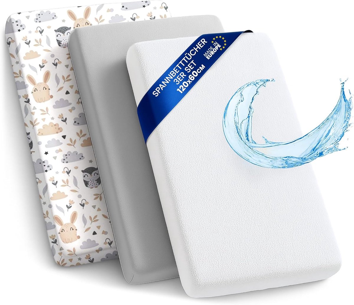 SnelShoppen - Fitted Sheet Baby 60x120 cm Set van 3 - 2x Fitted Sheet + 1x Waterdichte Matrasbeschermer - Kleurrijke Babybed Accessoires voor Cot Loun