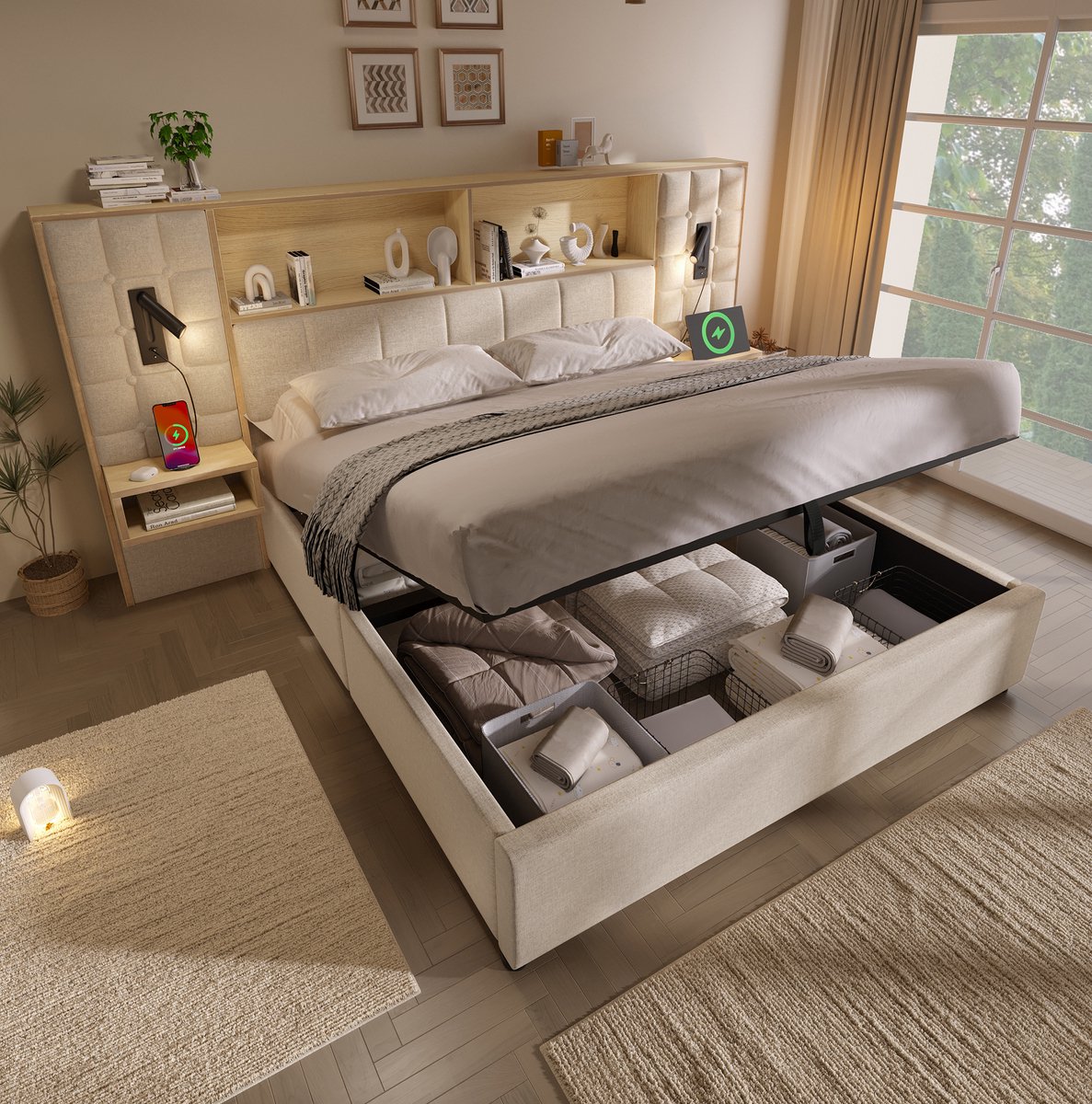 COVREO tweepersoons bed 180x200 cm - beige, met opbergruimte, leeslampen, USB en Type-C