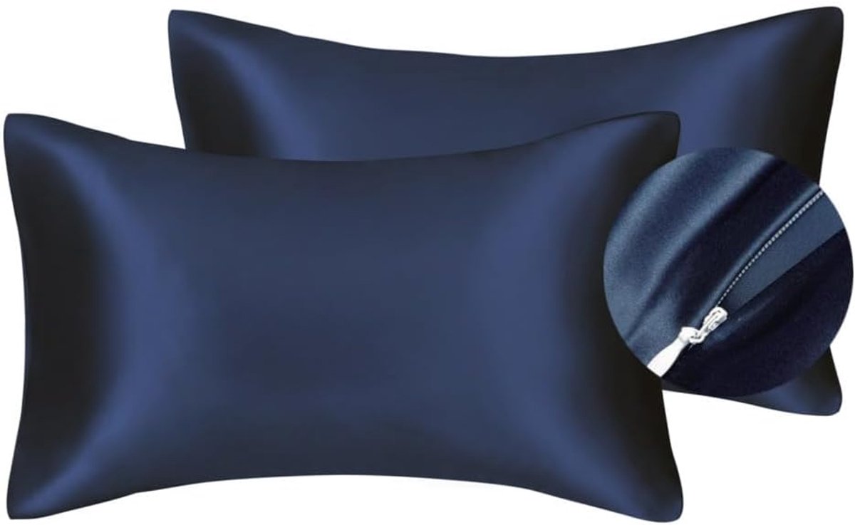 SnelShoppen - Luxe Satijnen Hoofdkussenhoes voor Haar en Gezichtsverzorging - Voorkomt Rimpels - Verborgen Rits - Navy - Standaard 50x75cm - 2 Stuks
