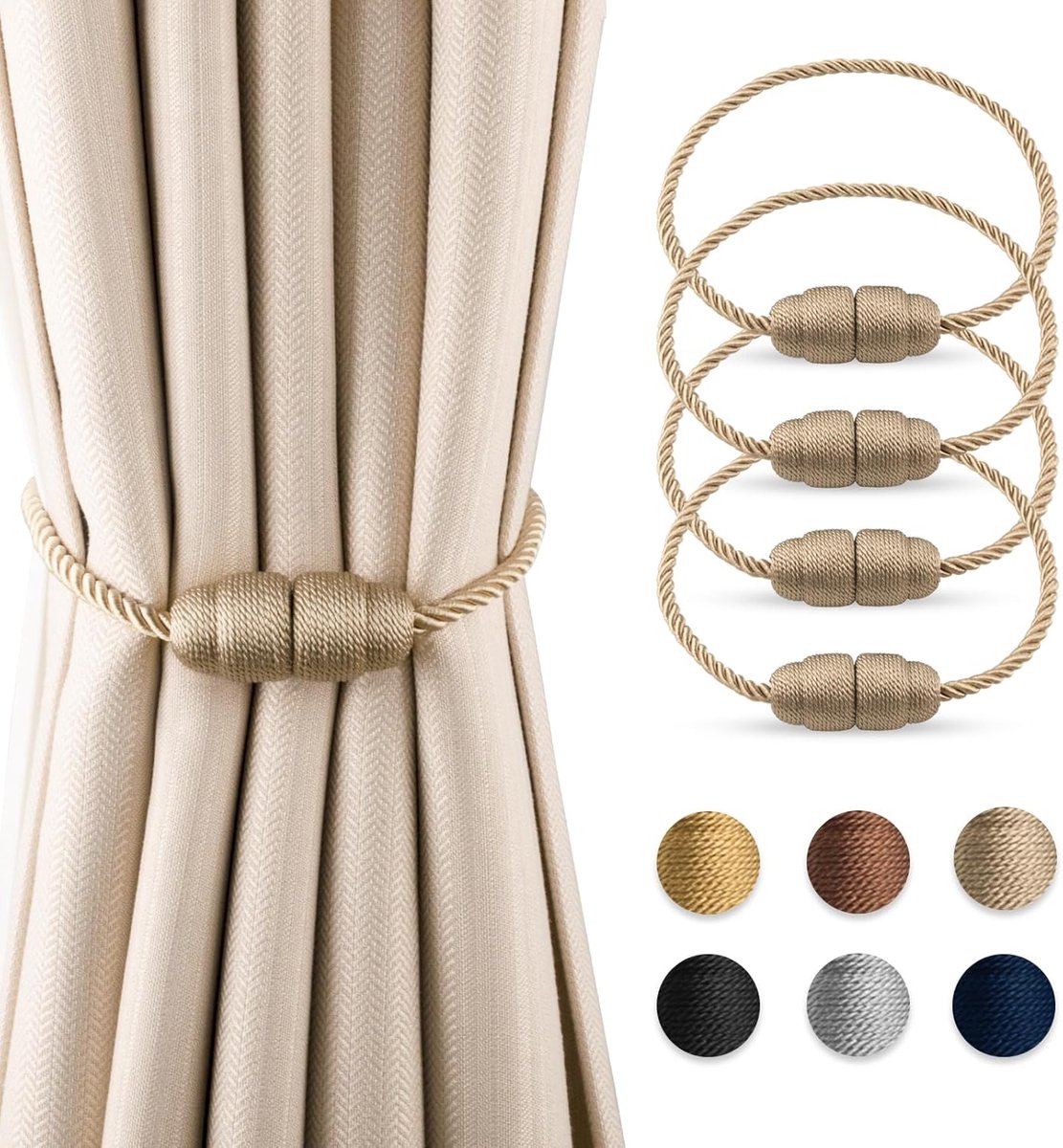 SnelShoppen - Magnetische Gordijnhouders 4 Stuks - Rope Gordijnsteun - Duurzaam Polyester - Beige - Perfect voor Thuis en Kantoor