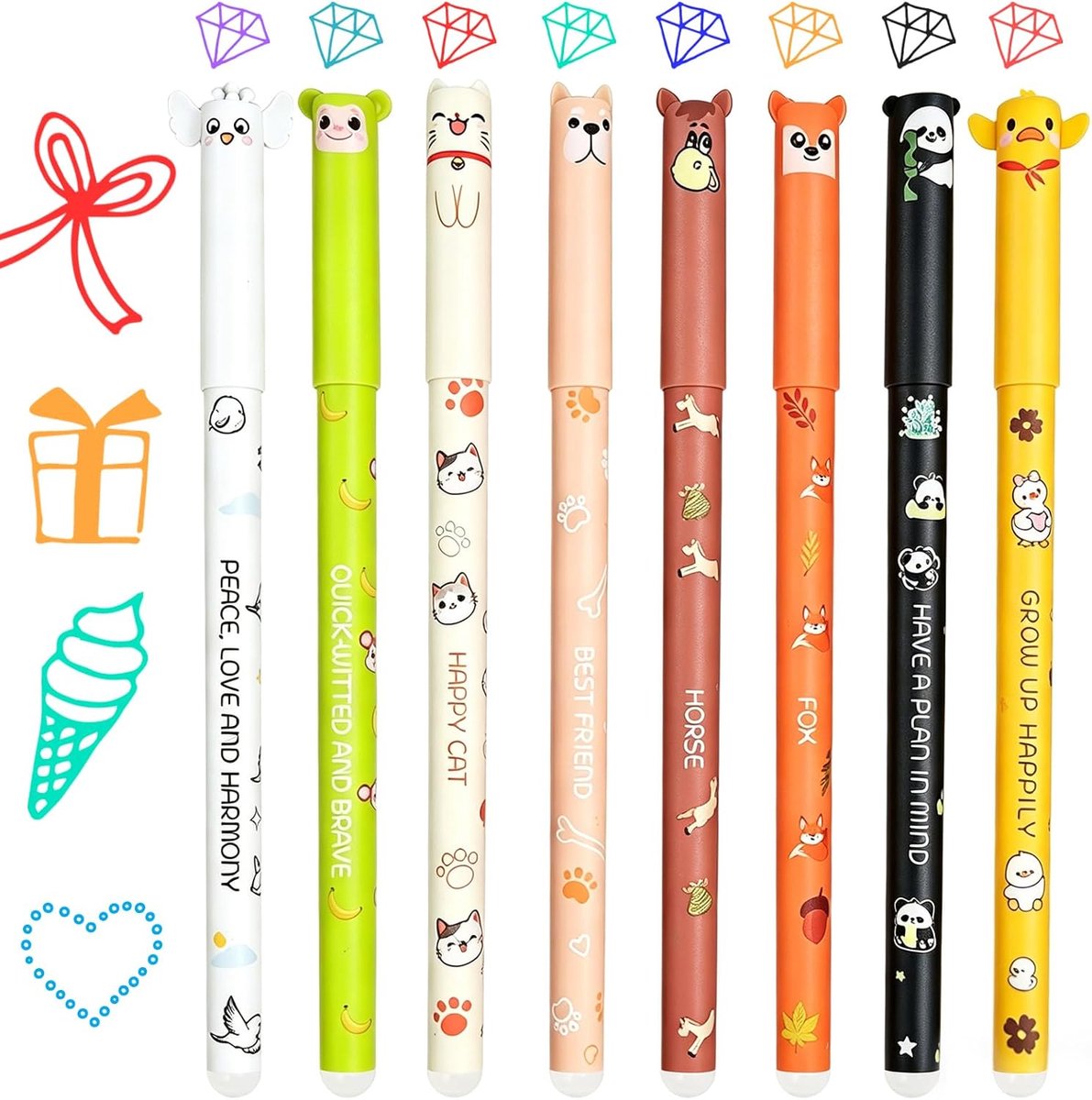 SnelShoppen - 8 Stuks Uitwisbare Gelstiften - Balpen met Gum - Warmtegevoelige Inkt - 0,7 mm - Kleurrijke Diermotieven - Voor School, Kantoor en Thuis
