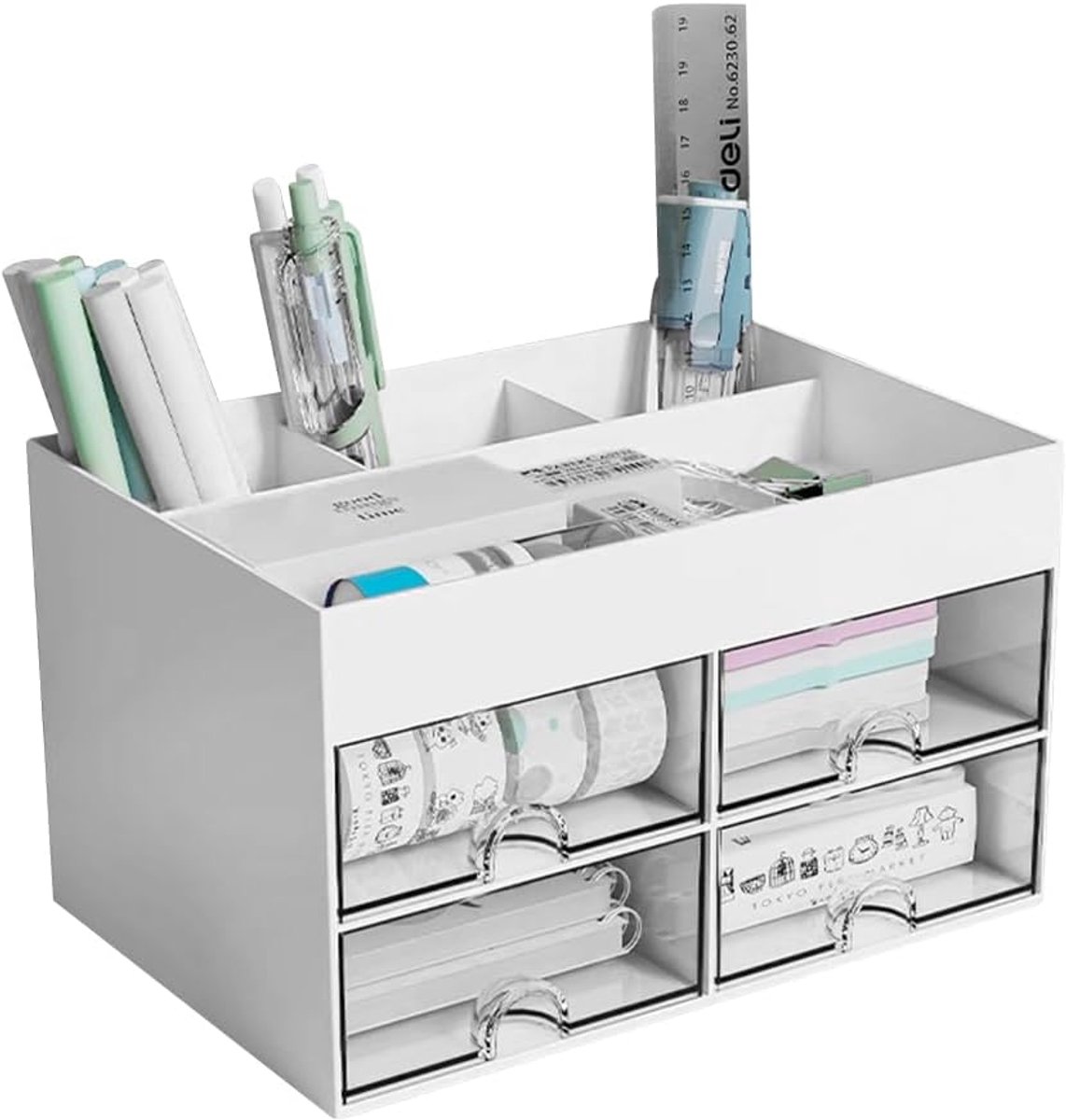 SnelShoppen - Multifunctionele Desk Organiser met 4 Compartimenten en 4 Lades - Penhouder voor Thuis, Kantoor en School - Ruimtebesparend en Praktisch
