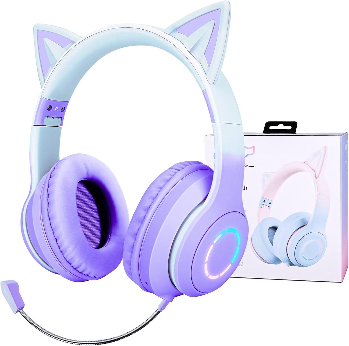 Thijox - Draadloze Kinderhoofdtelefoon met LED-licht en Kattenoren, Bluetooth 5.1 Hoofdtelefoon voor Meisjes met Ruisonderdrukkende Microfoon, 15U Spe