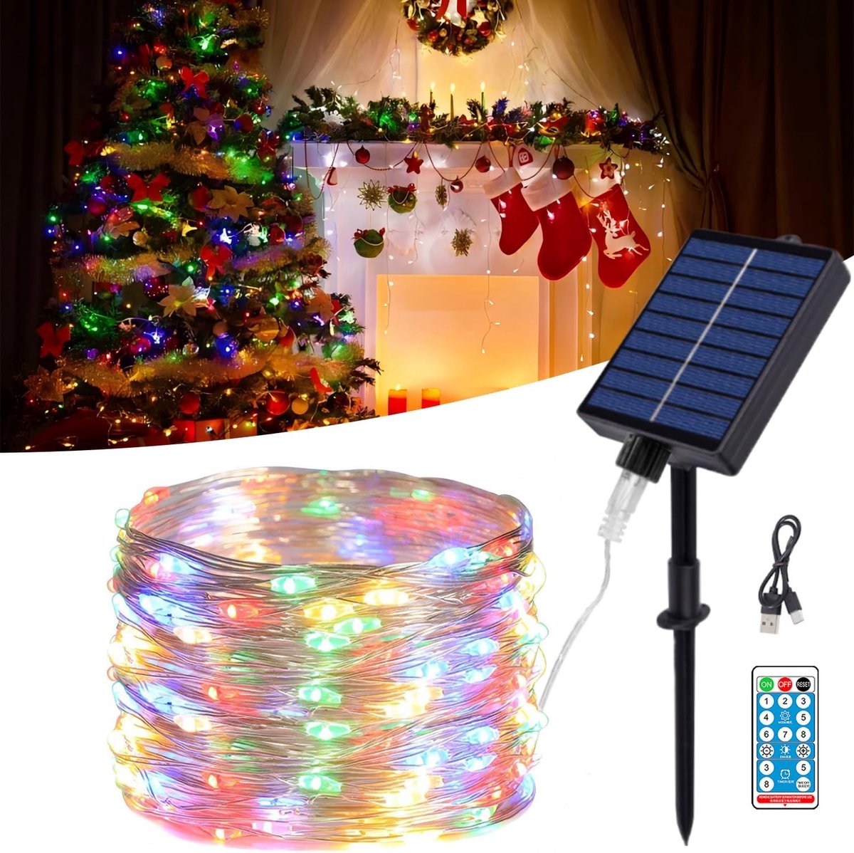 SnelShoppen - Solar Fairy Lights 20 m, 200 LEDs, Koperen Draad, IP65 Waterdicht, 8 Modi en Afstandsbediening, Kleurige Tuinverlichting voor Balkon en