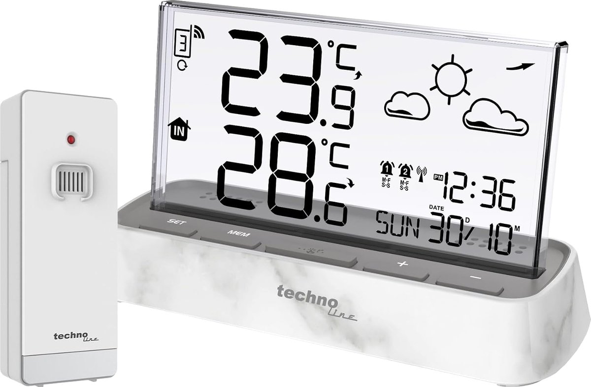 SnelShoppen - Elegante Draadloze Weerstation met Transparant Display, Binnen- en Buitentemperatuur, Nauwkeurige Weersvoorspelling, LCD Scherm met Blau