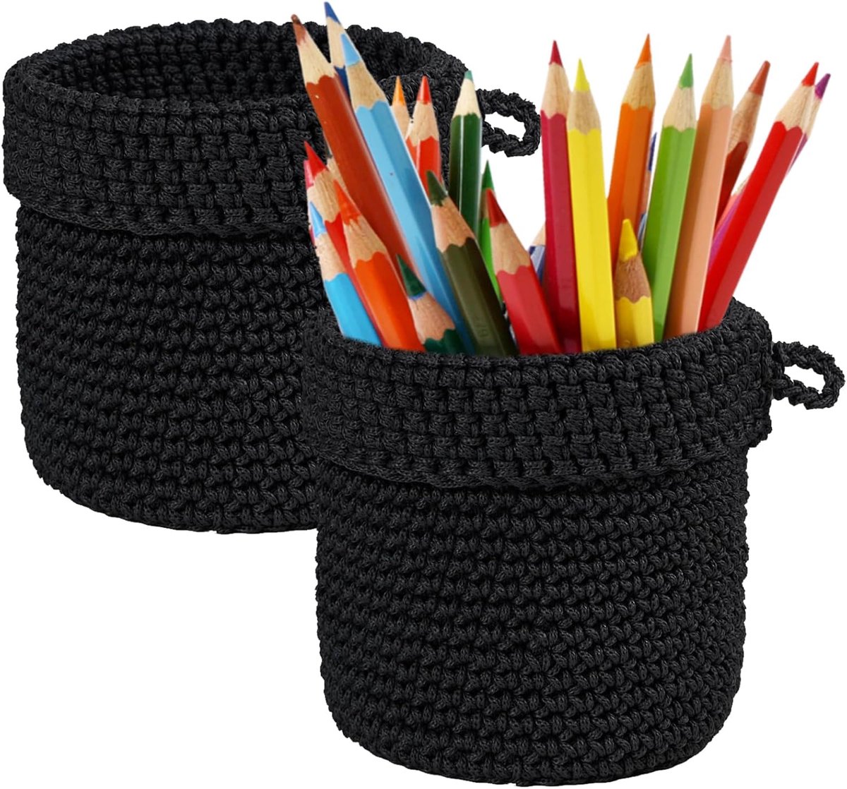 Thijox - 2 stuks hangende wandmand, handgeweven katoenen touwmand, elegante zwarte gehaakte opbergmand, organizer voor keuken, badkamer, woondecoratie