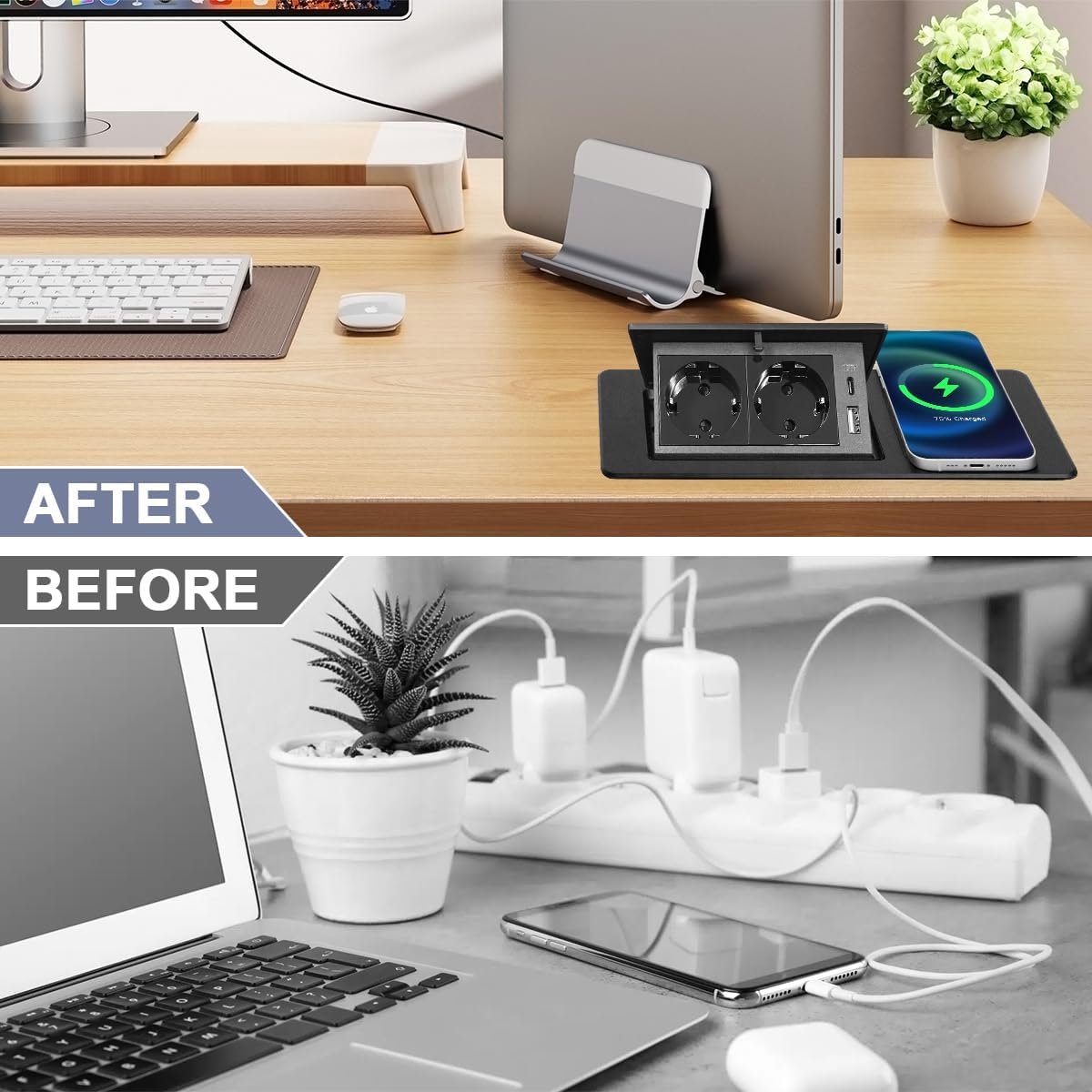 SnelShoppen - Verborgen stekkerdoos met meerdere ingebouwde stopcontacten, 1 USB A + 1 USB C, 15 W draadloos snelladen, ideaal voor thuis en kantoor